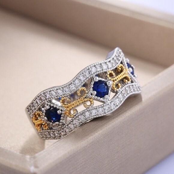 ✨ Eternity Royal Blue Flower Carving Vintage Rings for Women, PD247 - Picture 1 of 4
